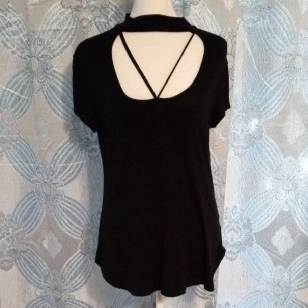 Black Collared  Cut-Out Front Women Top